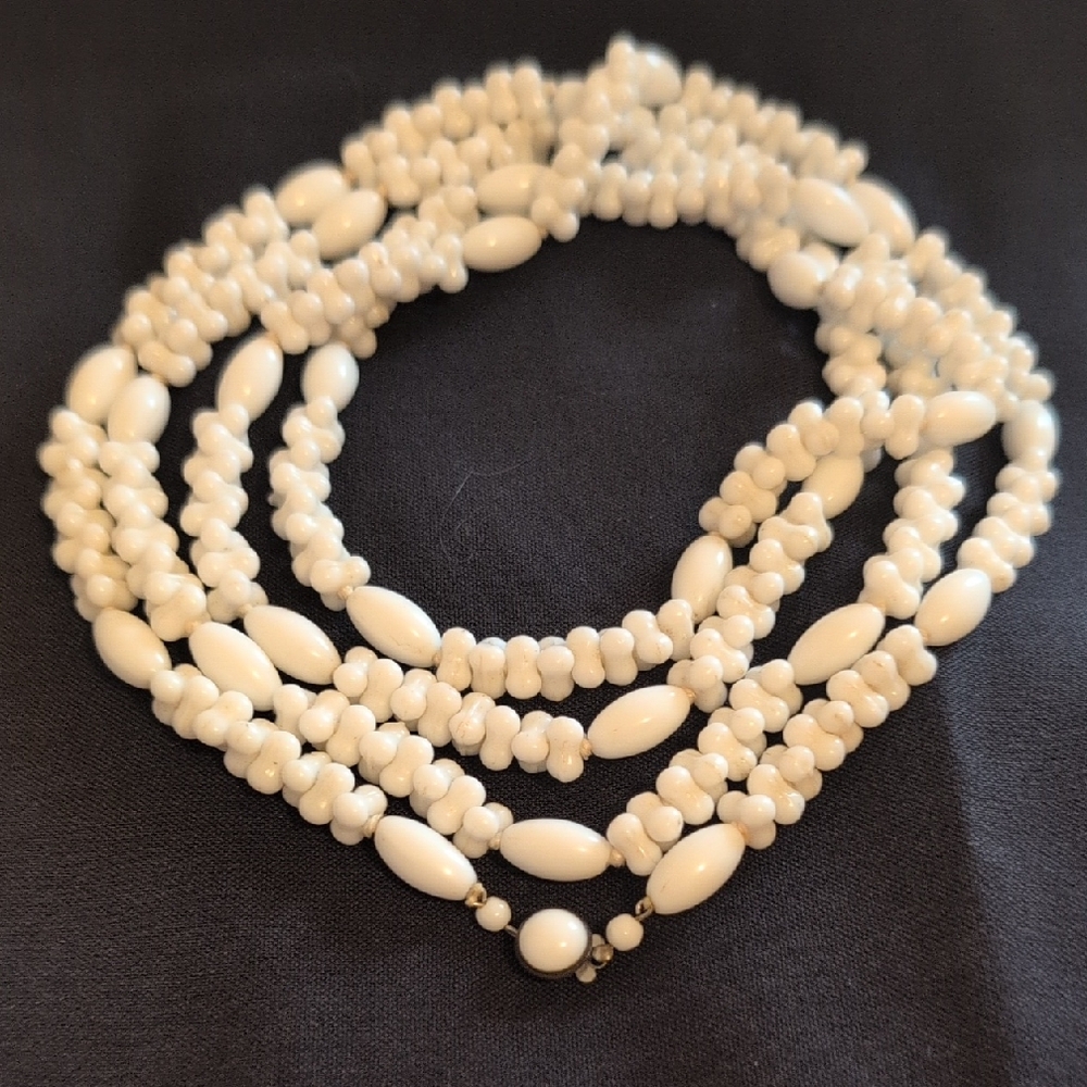 Vintage White Glass Long Necklace Hand Knotted